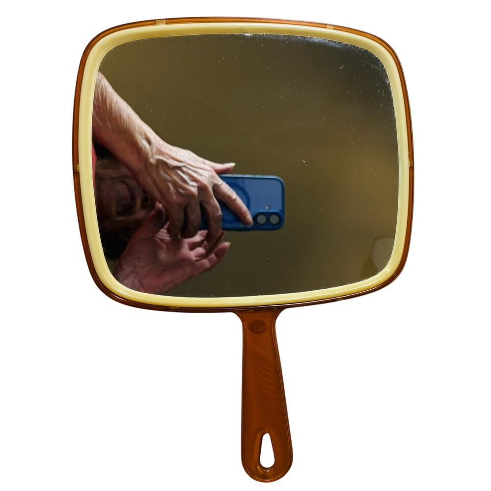 Vintage 1950s–60s Butterscotch Plastic Hand Mirror – 9"x8" – New -vn
